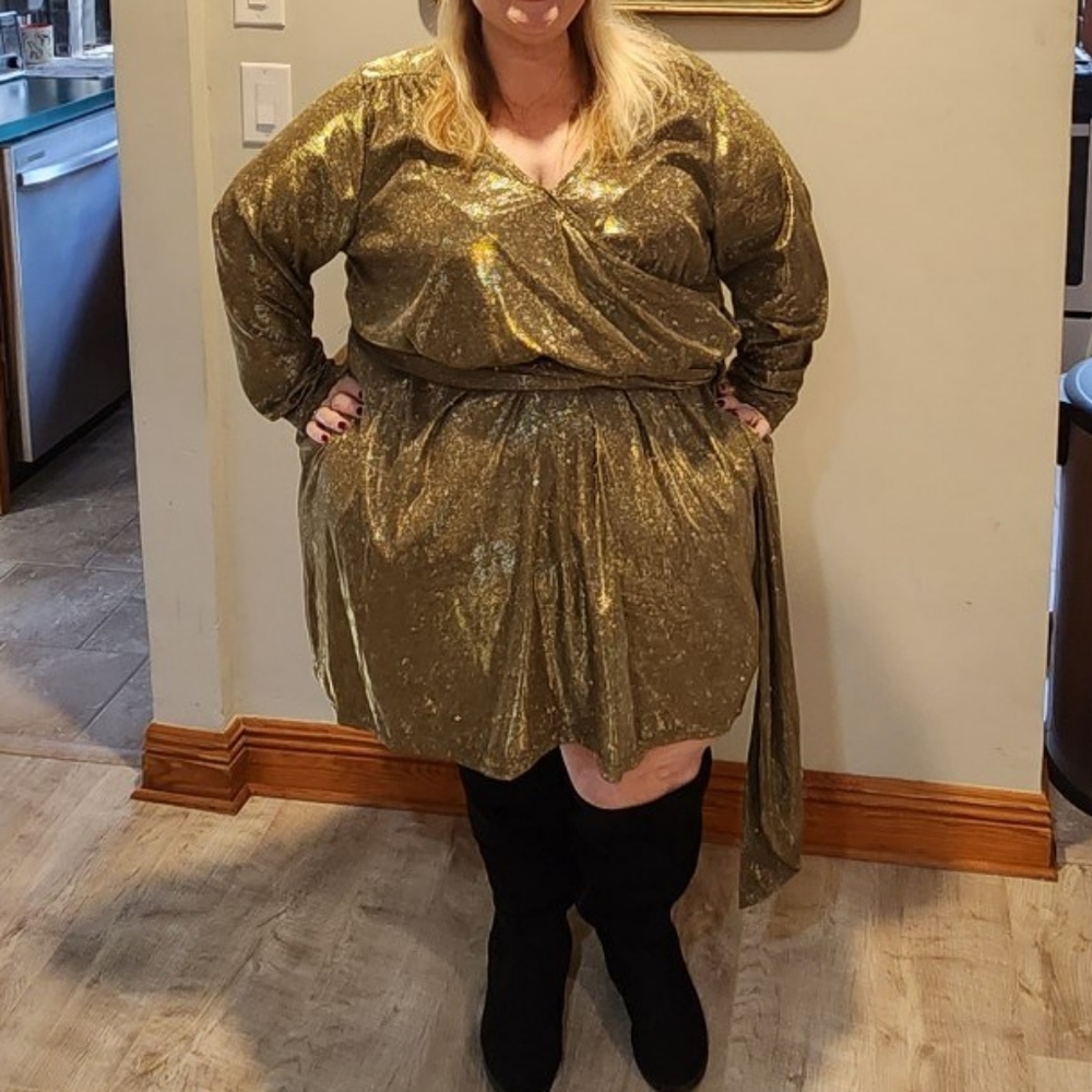 MODCLOTH Gold Sparkly Champagne Glitter Mini Dress Size 4X Belted Glam